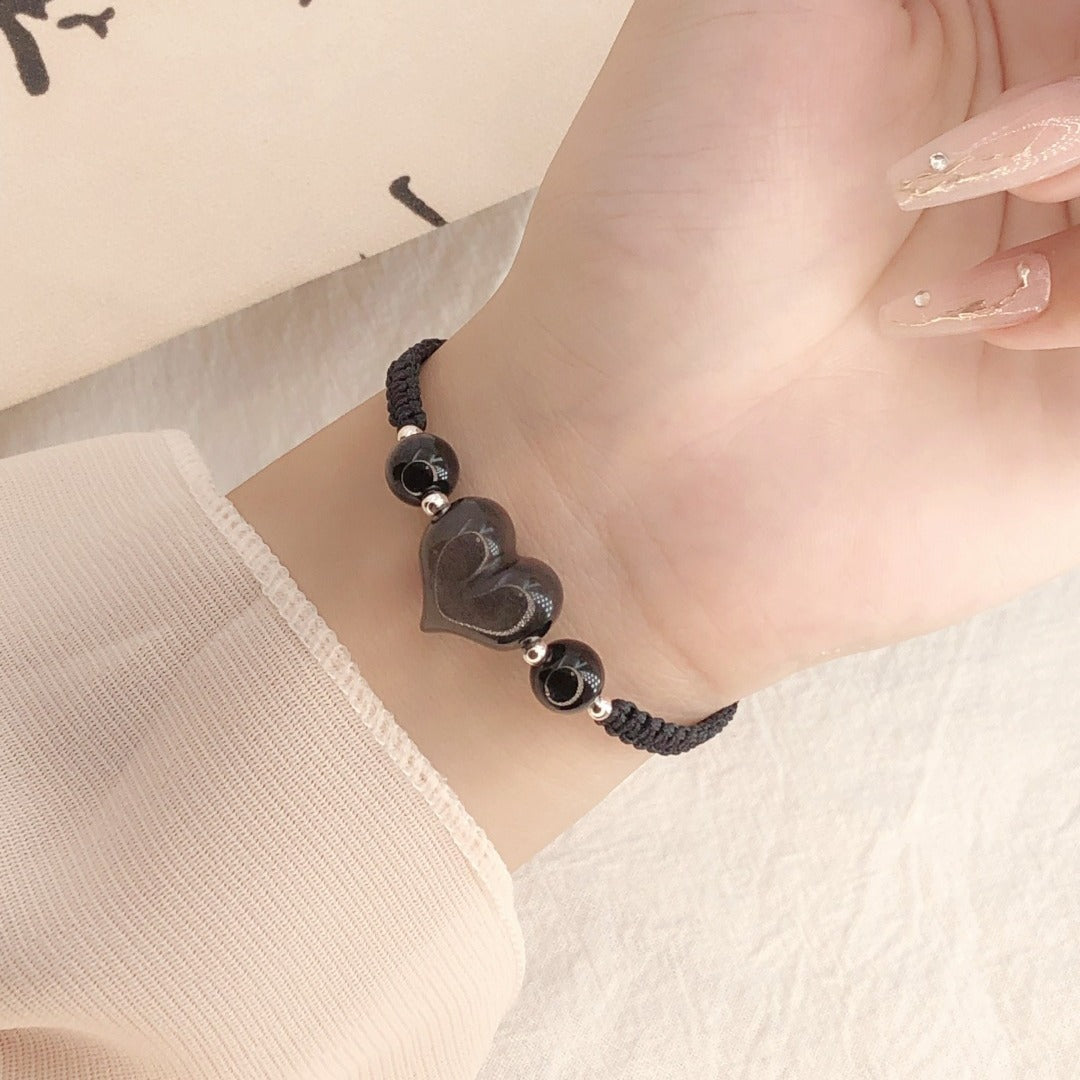 Silver Stone Woven Bracelet Female Black Peach Heart