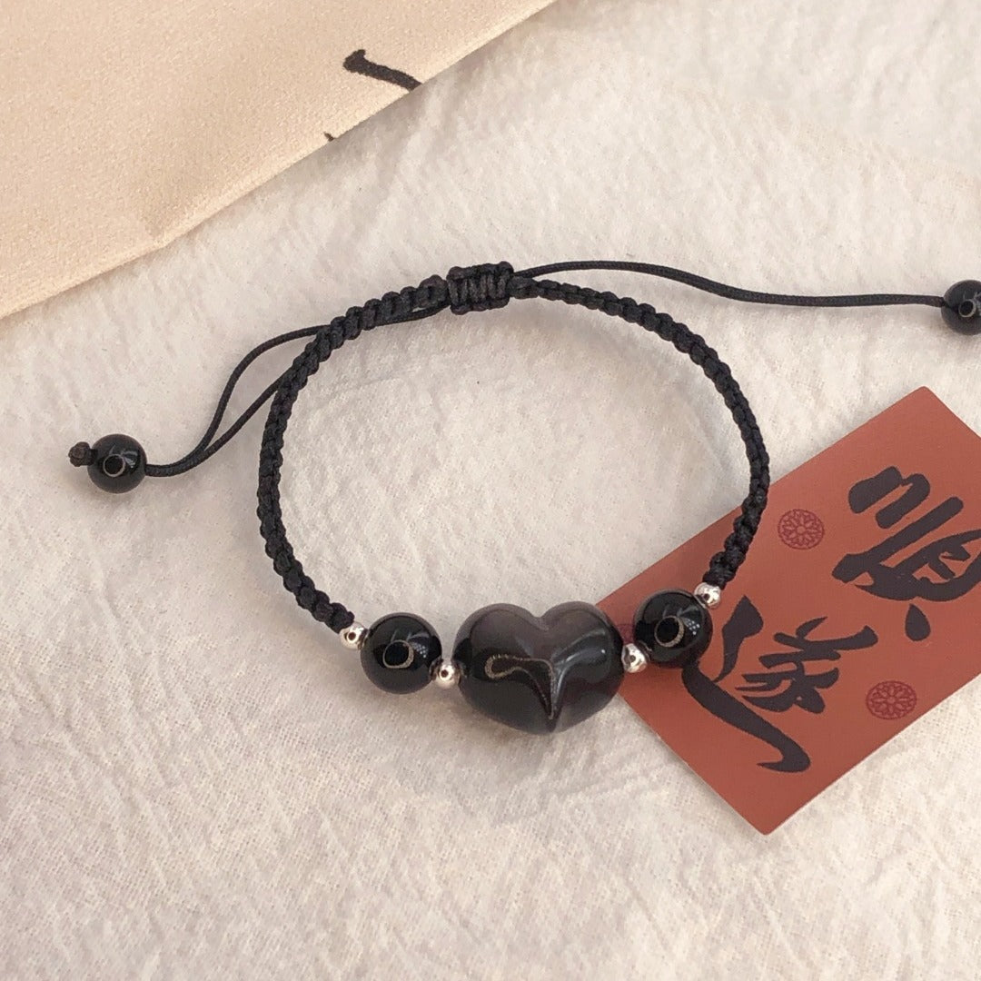 Silver Stone Woven Bracelet Female Black Peach Heart